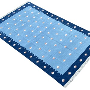 Modern Handmade Cotton Area Flat Weave Rug, Natural Vegetable Dyed, 5x8 Blue And Orange Diamond Indian Dhurrie Rug, Kilim Rug, Wall Tapestry