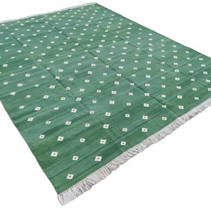 Modern Handmade Cotton Area Flat Weave Rug, Natural Vegetable Dyed, Forest Green And White Diamond Indian Dhurrie, Striped Rug Wall Tapestry