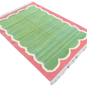 Modern Handmade Cotton Area Flat Weave Rug, Natural Vegetable Dyed, 4x6 Green And Coral Striped Scalloped Indian Dhurrie Rug, Wall Tapestry