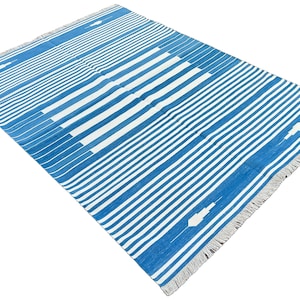 Modern Handmade Cotton Area Flat Weave Rug, Natural Vegetable Dyed, 5x7 Blue And White Striped Indian Dhurrie Rug, Kilim Rug, Wall Tapestry