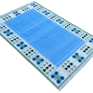 Modern Handmade Cotton Area Flat Weave Rug, Natural Vegetable Dyed, Blue And Green Leaf Patterned Indian Striped Dhurrie Rug, Wall Tapestry