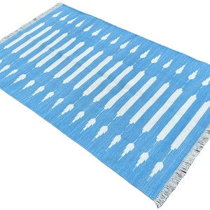 Modern Handmade Cotton Area Flat Weave Rug, Natural Vegetable Dyed, Sky Blue And White Striped Indian Dhurrie Rug, Kilim Rug, Wall Tapestry