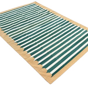 Modern Handmade Cotton Area Flat Weave Rug, Natural Vegetable Dyed, Green And Mustard Striped Indian Dhurrie, Striped Kilim, Wall Tapestry