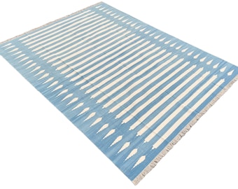 Modern Handmade Cotton Area Flat Weave Rug, Natural Vegetable Dyed, Sky Blue And White Striped Indian Dhurrie, Striped Kilim, Wall Tapestry