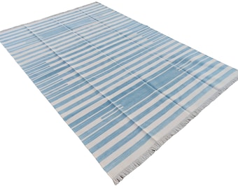 Modern Handmade Cotton Area Flat Weave Rug, Natural Vegetable Dyed, Blue And White Striped Indian Dhurrie Rug, Striped Kilim, Wall Tapestry