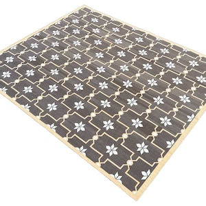 Modern Handmade Cotton Area Flat Weave Rug, Natural Vegetable Dyed, Brown And Cream Flower Indian Striped Dhurrie Kilim Rug, Wall Tapestry