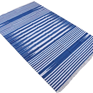 Modern Handmade Cotton Area Flat Weave Rug, Natural Vegetable Dyed, 6x9 Blue And White Striped Indian Dhurrie Rug, Kilim Rug, Wall Tapestry