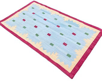 Handmade Cotton Area Flat Weave Rug, Natural Vegetable Dyed, 3x5 Blue, Cream And Pink Geometric Indian Dhurrie, Striped Kilim, Wall Tapestry