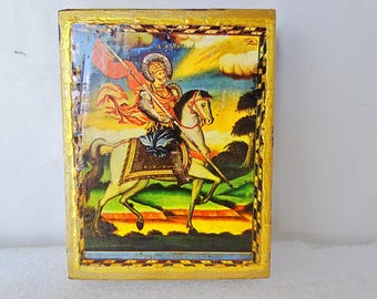 Icono del Santo Mártir Minas hecho a mano, arte religioso de madera de pino