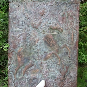 Alte Ikone aus Messing Oklad des Hl. Georg mit dem Drachen GD2