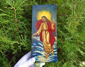 Old hand painted icon of Jesus Christ walking on water XMK8