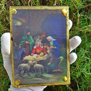 Ícone Lenticular 3-D Vintage (cartão postal) Nascimento de Jesus, MARIA E JOSÉ