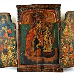 Große authentische antike griechische Ikonen-Triptychon des 19.Jhs T3
