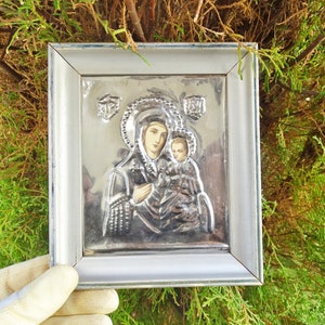 Antique Russian icon with metal oklad (Riza) Virgin and Child