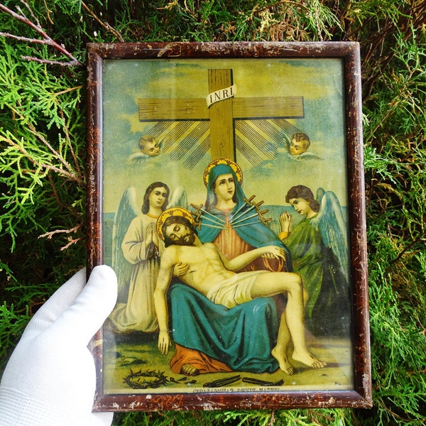 Antikes Papier Lithoprint russische Ikone der Heiligen Jungfrau des Leidens, Die sieben Pfeile