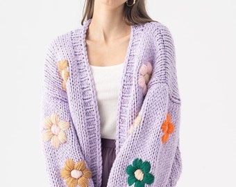 Hand-knit Chunky Cardigans Stıtch Flowers Woman's Crop Cardigan Cable Knit Cardigan Sweather Oversize Wool Cardigan