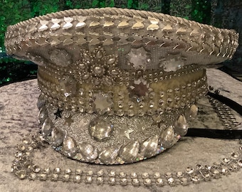 Personalised Burning man festival sequin rave gem stone party military captains rhinestone hat