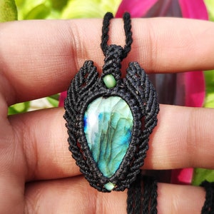 Handmade Macrame Labradorite Pendant: Adjustable Black Cord Necklace