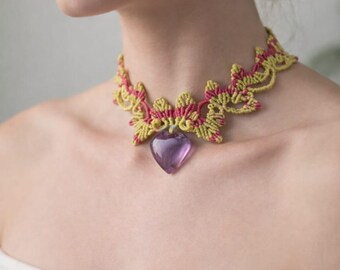 Amethyst Choker Halskette Makramee Boho Rosa Grün / Amethyst Kette Makramee Boho Halskette Handgemacht.