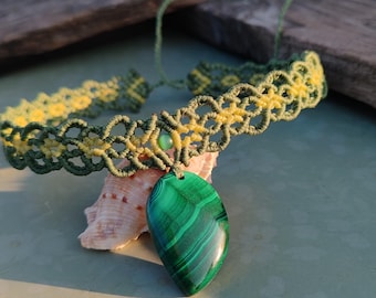 Forest Spirit Malachite Macramé Choker | Hand-Knotted Boho Necklace | Green Olive Macrame | Genuine Malachite Pendant | One of a Kind Gift