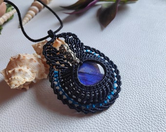 Labradorite Macrame Pendant Necklace | Handmade Boho Crystal Necklace | Black Macrame Stone Pendant | Healing Crystal Jewelry | Gift for Her
