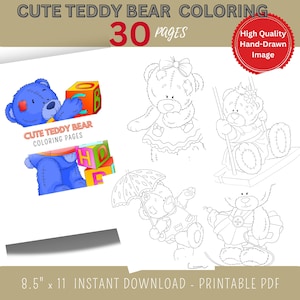 30 Pages Teddy Bear Coloring Pages, Printable Art for  Adults, Digital Download, Fun Bear Coloring, Easy Coloring, Preschool Printable