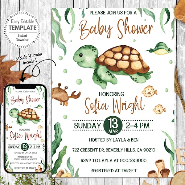 Turtle Baby Shower Invitation,  Printable Baby Shower Invitation, Instant Download