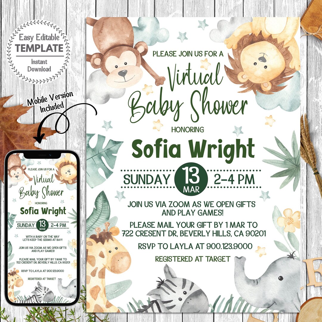 Virtual Zoo Baby Shower Invitation Printable Safari Baby Etsy