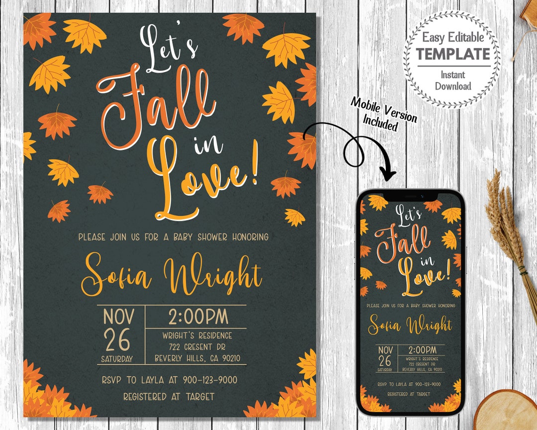 Autumn Baby Shower Invitation, Printable Fall in Love Baby Shower ...