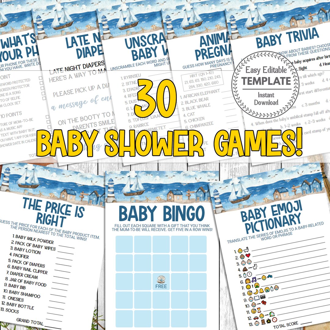 30 Printable Nautical Baby Shower Games Editable Boat Baby Party Games
