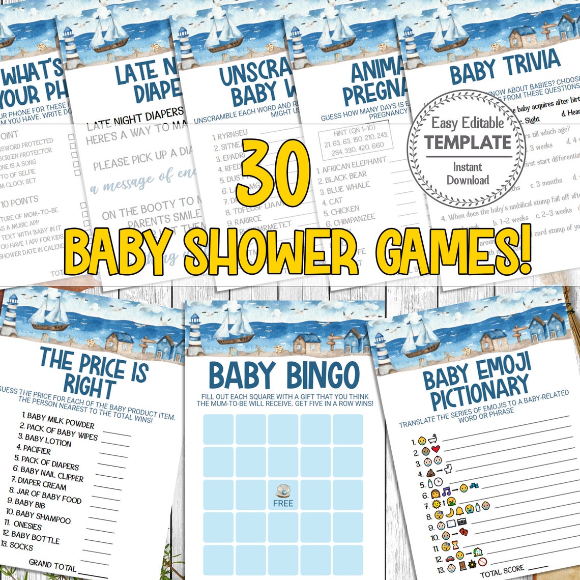 30 Printable Nautical Baby Shower Games, Editable Boat Baby Party Games ...
