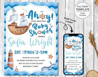 Nautical Baby Shower Invitation, Printable Ship Baby Shower Invitation, Instant Download