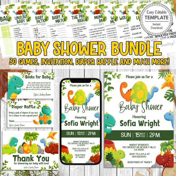 Printable Baby Shower Bundle Dino Baby Shower Invitation - Etsy
