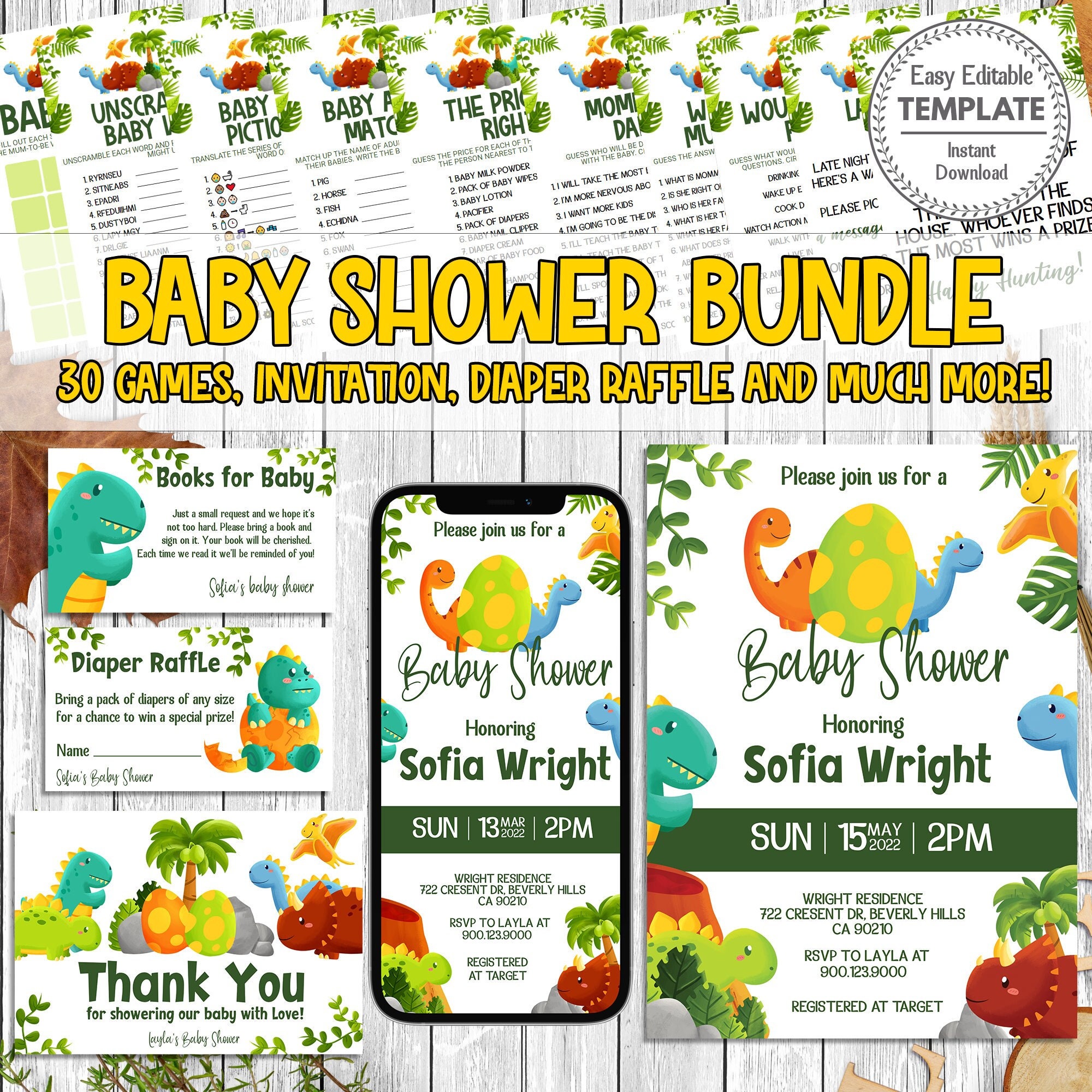 Printable Baby Shower Bundle, Dino Baby Shower Invitation, Dinosaur ...