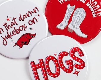 Arkansas Game Day Tailgate Buttons | Game Day Pins | College Football | Tailgate Buttons | Razorback Gameday Pinback Buttons | Woo Pig Sooie