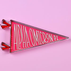 May include: A pink pennant pin with the text "ALPHA OMICRON PI" in white script. The pin has a red border and red accents on the sides. The background is a solid pink color.
