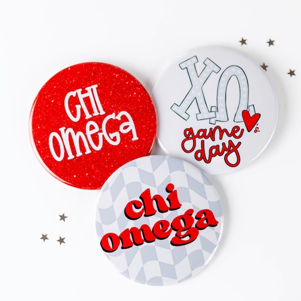 Chi Omega Greek Game Day Tailgate Buttons | Game Day Pins | College Football | Tailgate Buttons | Sorority Buttons | Sorority Pins