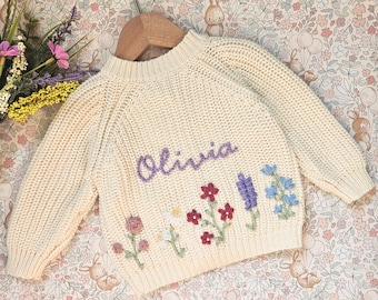 Hand-Embroidered Baby Cardigan – Personalised Children's Floral 100% Cotton Knit Newborn Heirloom Keepsake Gift