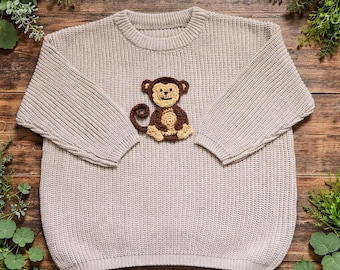 Hand-crocheted appliqué Monkey Jumper – Personalised Name 100% Cotton Oversized Knit