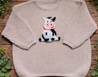 Cow Jumper Hand-crocheted appliqué – Personalised Name 100% Cotton Oversized Knit