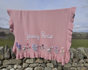 Hand Embroidered Floral Frill Baby Name Blanket, Personalised Keepsake Heirloom Christening Gift