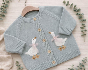 Baby Girl Name Cardigan, Personalised Hand Embroidered, Duck Egg Blue Duck Goose Soft Knitwear, Vintage Style