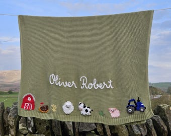 Farm Theme Baby Name Blanket, Hand Embroidered Personalised Cotton Blanket Keepsake Heirloom Christening Gift
