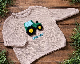 Green Tractor Hand-crocheted appliqué Jumper – Personalised Name