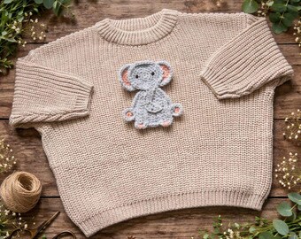 Elephant Jumper Hand-crocheted appliqué – Personalised Name 100% Cotton Oversized Knit