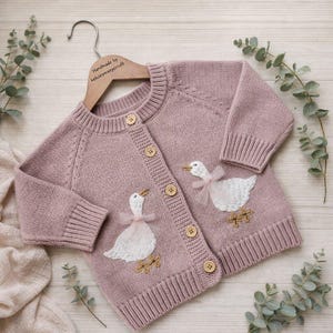 Personalised Baby Girl Duck Cardigan, Hand Embroidered Dusky Pink Knitwear image 1