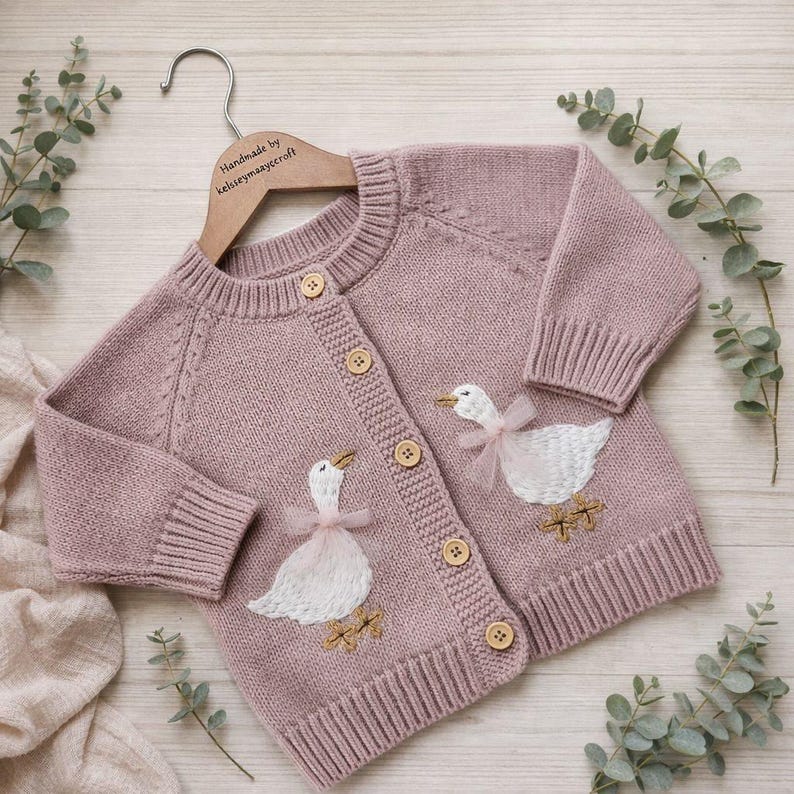 Personalised Baby Girl Duck Cardigan, Hand Embroidered Dusky Pink Knitwear image 1