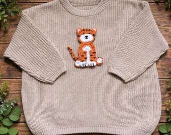 Hand-crocheted appliqué Tiger Jumper – Personalised Name 100% Cotton Oversized Knit