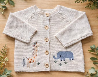 Safari Theme Cardigan – Giraffe & Elephant | Cotton Knit | New Baby Boy Gift Personalised Baby Name