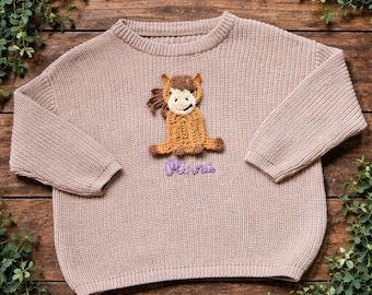 Hand-crocheted appliqué Pony Horse Jumper – Personalised Name 100% Cotton Oversized Knit